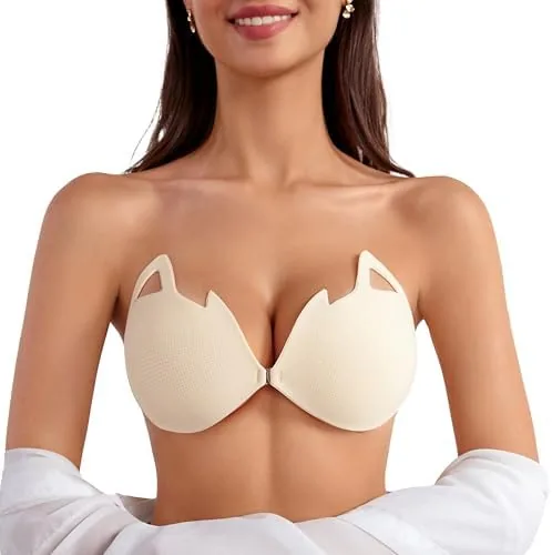 rosefly sticky bra push up for women wing shaped lifting fabric short front clip for cleavage full coverage ab adhesive invisible backless strapless bra for dress cup b honey